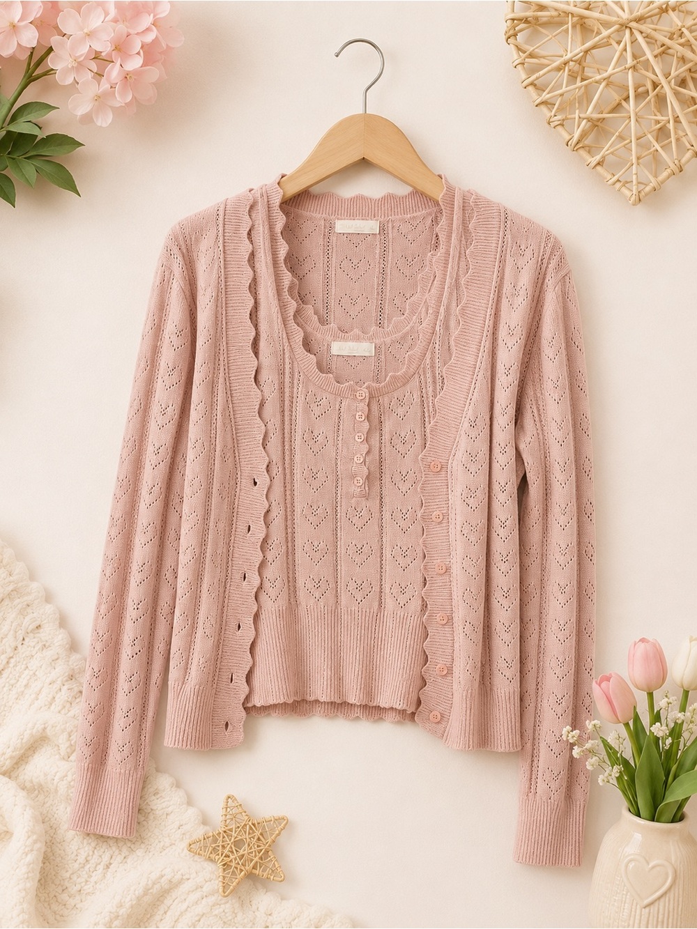 ILLA ILLA Pink Heart Pointelle Knit Cardigan & Tank Top Set Size L